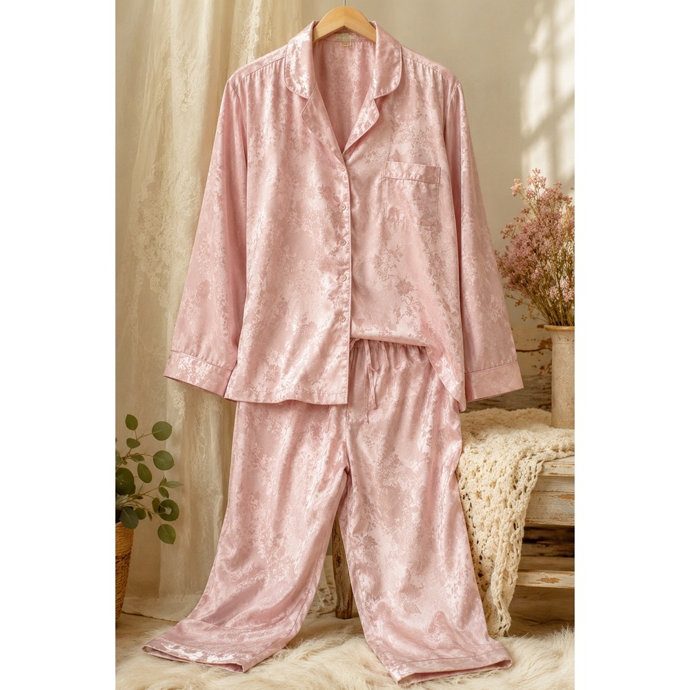 Pink Satin Floral Jacquard Pajama Set 3X Plus Size Lounge Sleepwear Soft Girl